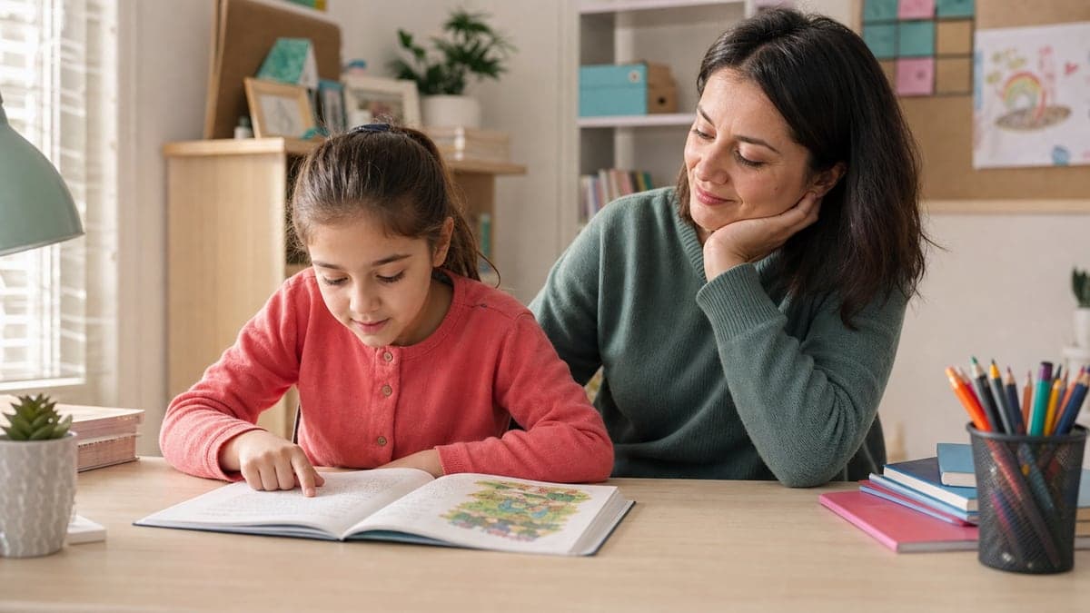 Evde annesiyle birlikte kitap okuma çalışması yapan bir öğrenci